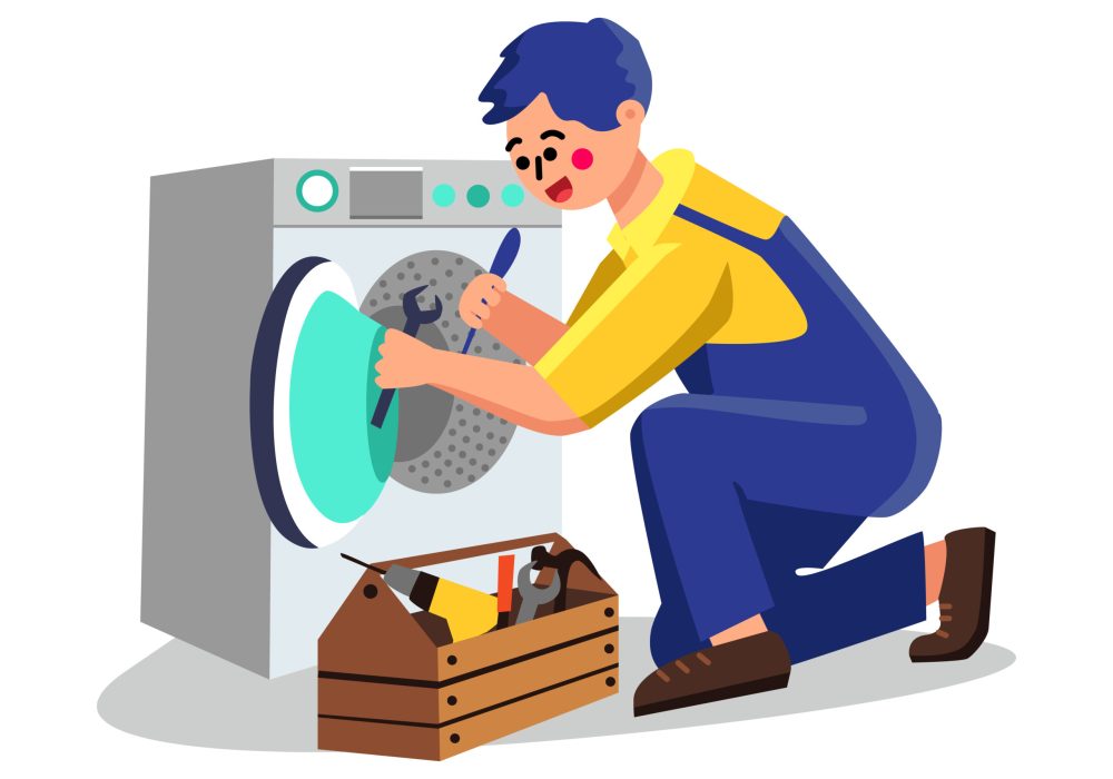 Washing Machine Service Plumber Repair Vector Washing Machine Service Plumber Repair Vector. Repairman Fixing Laundry Machine. Man Worker With Instrument Fix Electronic Equipment For Wash Clothes Character Flat Cartoon Illustration
