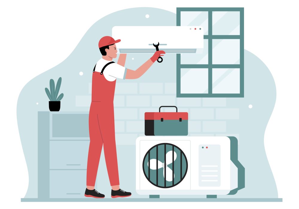 Air conditioner repair illustration concept Air conditioner repair illustration concept. Illustration for websites, landing pages, mobile apps, posters and banners. Trendy flat vector illustration